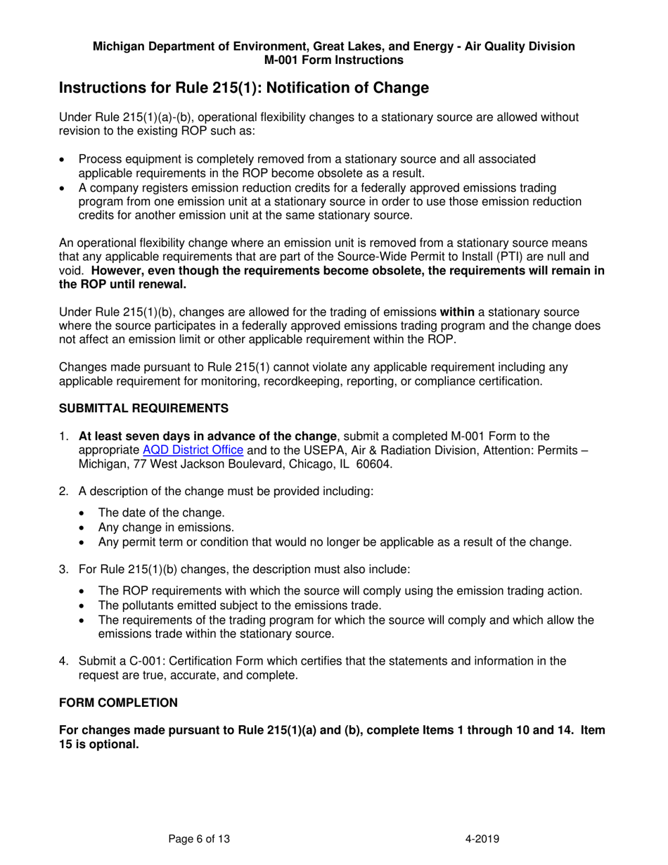 Instructions for Form M-001, EQP5775 Renewable Operating Permit - Rule 215 Change Notification or Rule 216 Amendment / Modification Application - Michigan, Page 6