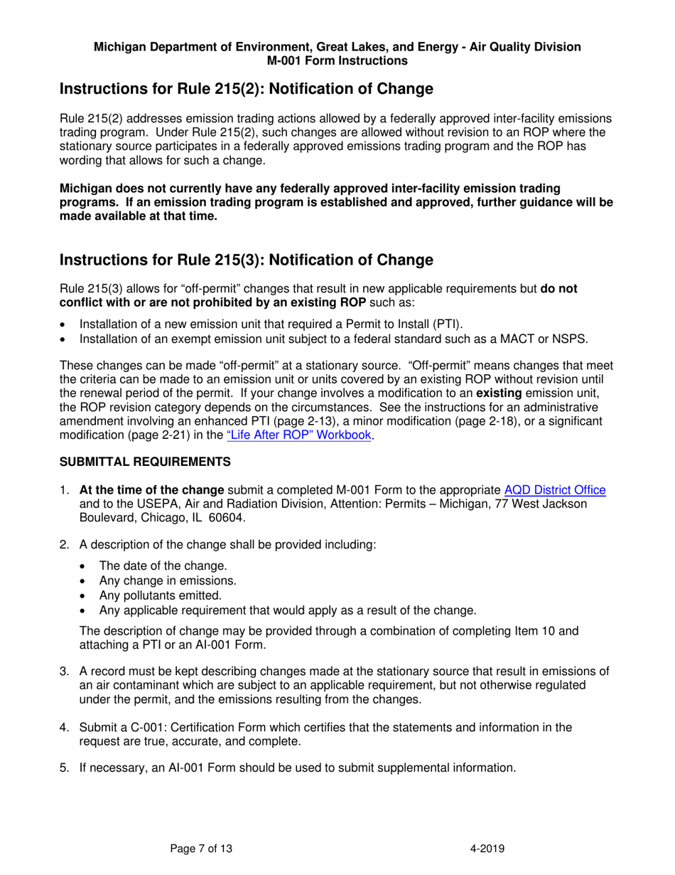 Instructions for Form M-001, EQP5775 Renewable Operating Permit - Rule 215 Change Notification or Rule 216 Amendment / Modification Application - Michigan, Page 7