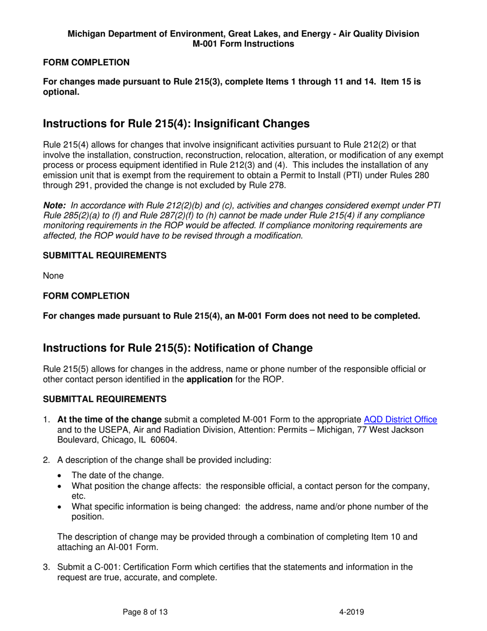 Instructions for Form M-001, EQP5775 Renewable Operating Permit - Rule 215 Change Notification or Rule 216 Amendment / Modification Application - Michigan, Page 8
