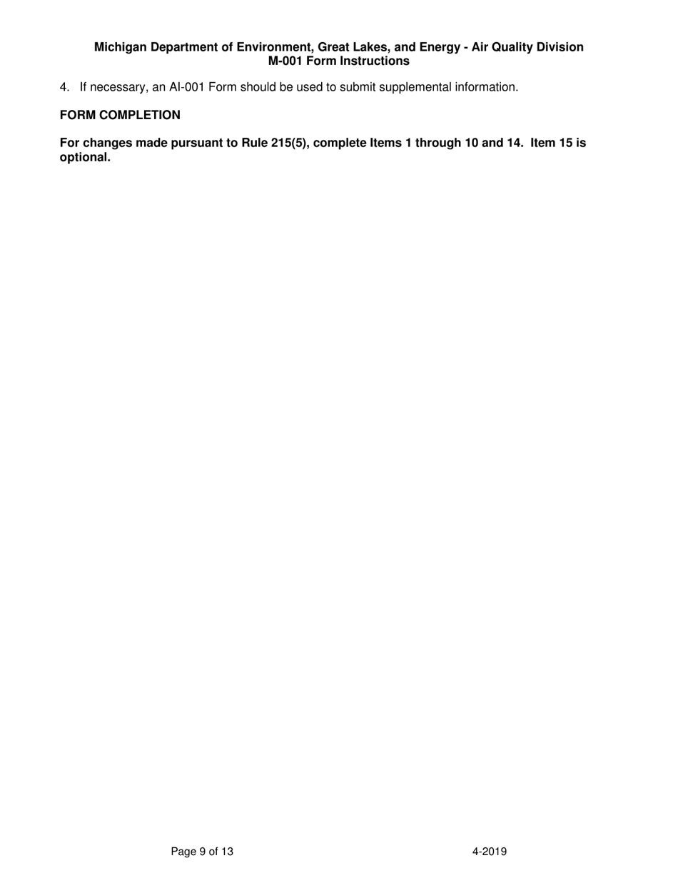 Instructions for Form M-001, EQP5775 Renewable Operating Permit - Rule 215 Change Notification or Rule 216 Amendment / Modification Application - Michigan, Page 9