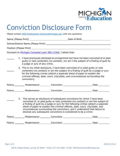 Conviction Disclosure Form - Michigan Download Pdf