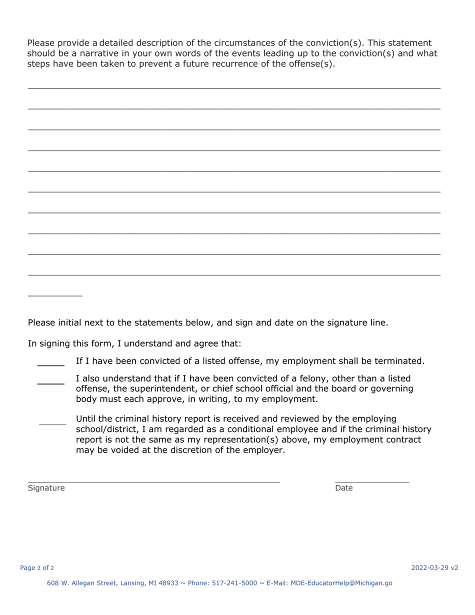 Conviction Disclosure Form - Michigan, Page 2
