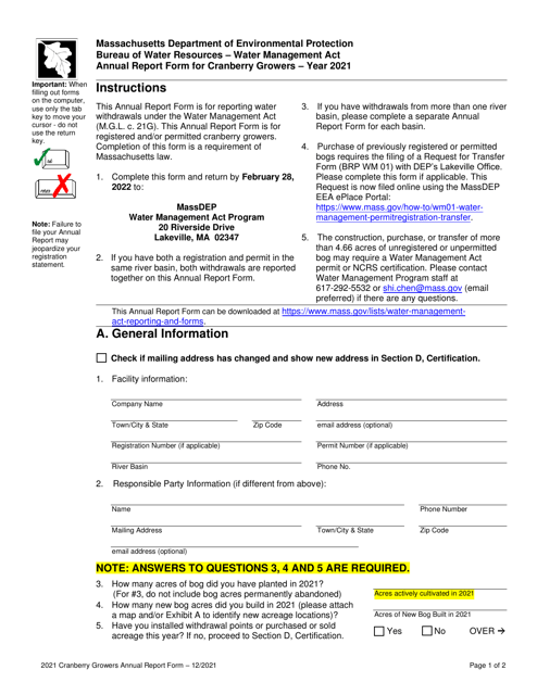 Annual Report Form for Cranberry Growers - Massachusetts Download Pdf