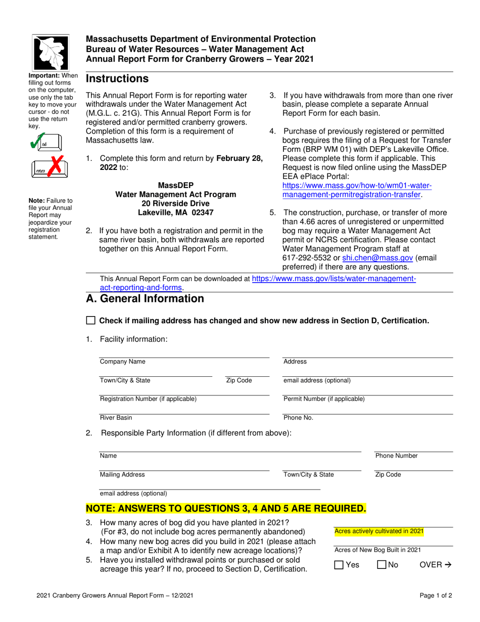 Annual Report Form for Cranberry Growers - Massachusetts, Page 1
