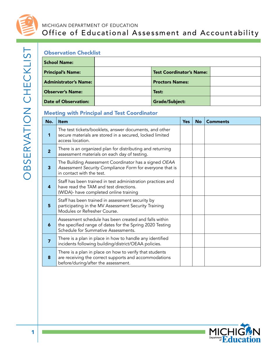Observation Checklist - Michigan, Page 1