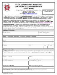Form BFS-998 &quot;State Certified Fire Inspector Continuing Education Program Application&quot; - Michigan