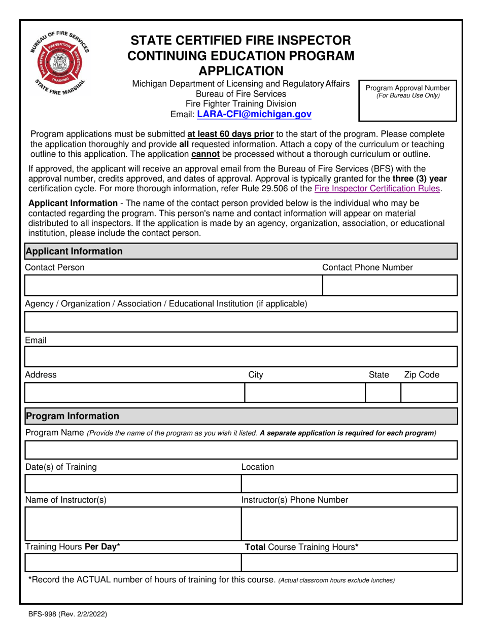 Form BFS-998 State Certified Fire Inspector Continuing Education Program Application - Michigan, Page 1