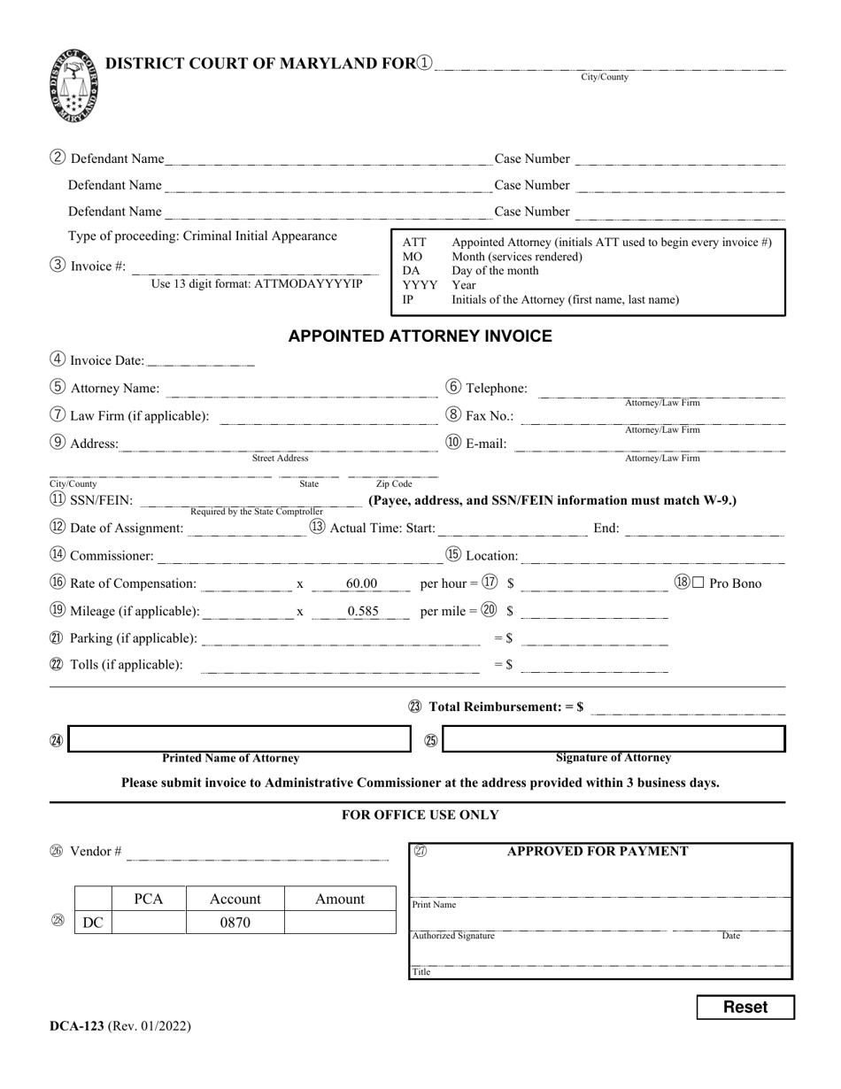 Form DCA-123 Appointed Attorney Invoice (For Use on or After 01 / 01 / 2022) - Maryland, Page 1
