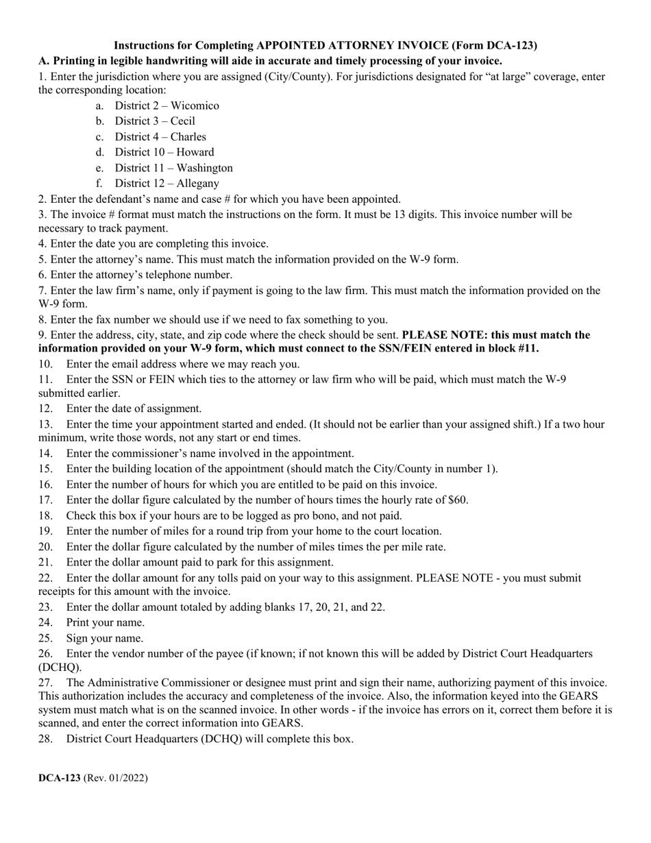 Form DCA-123 Appointed Attorney Invoice (For Use on or After 01 / 01 / 2022) - Maryland, Page 2