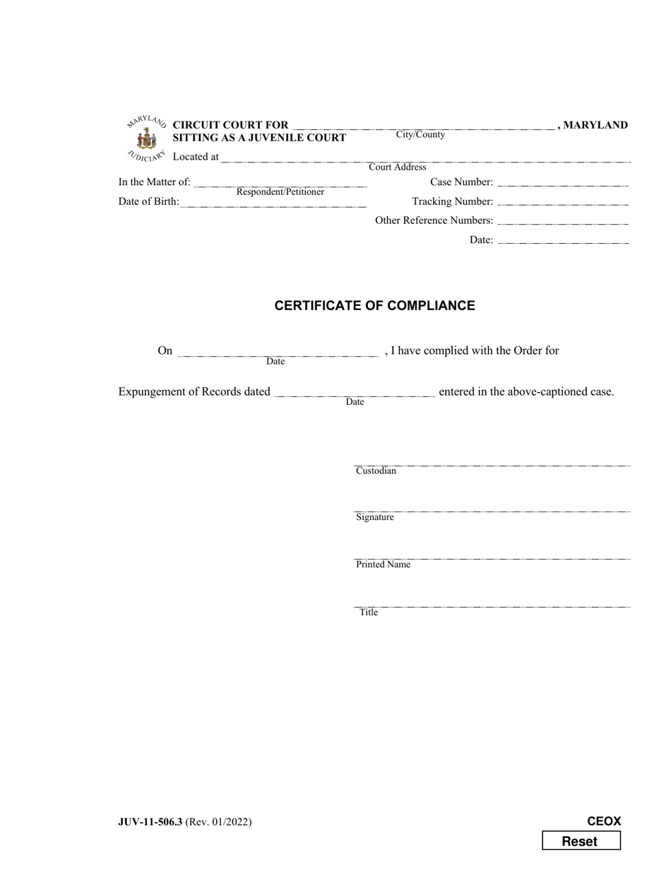 Form JUV-11.506.3 Certificate of Compliance - Maryland, Page 1
