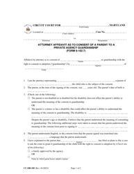 Form CC-DR-105 (9-102.7) &quot;Attorney Affidavit as to Consent of a Parent to a Private Agency Guardianship&quot; - Maryland
