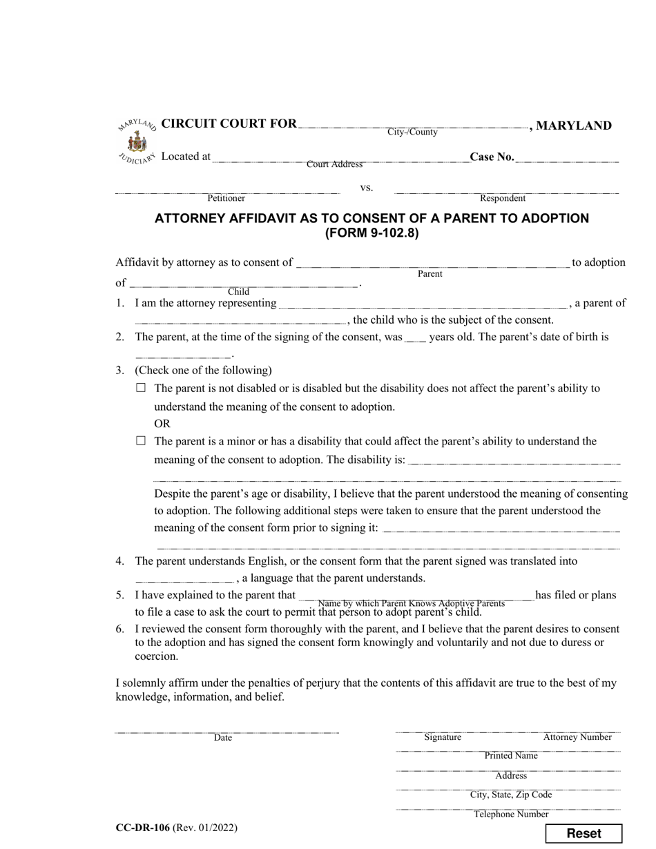 Form CC-DR-106 (9-102.8) Attorney Affidavit as to Consent of a Parent to Adoption - Maryland, Page 1