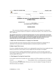 Document preview: Form CC-DR-104 (9-102.6) Consent of Child to an Independent Adoption - Maryland