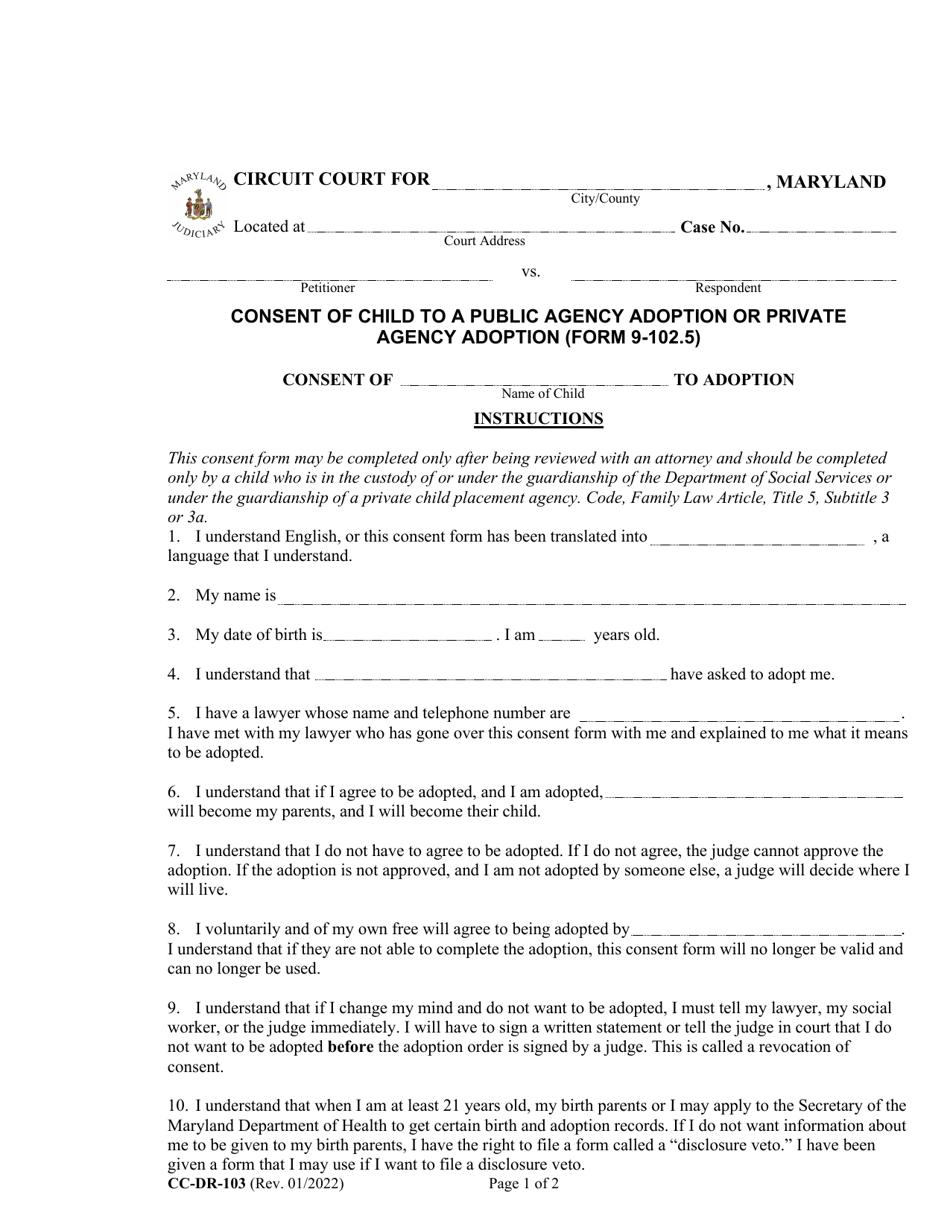 Form CC-DR-103 (9-102.5) Consent of Child to a Public Agency Adoption or Private Agency Adoption - Maryland, Page 1