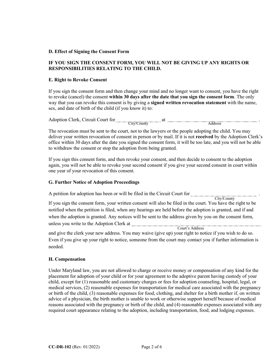Form CC-DR-102 (9-102.4) Consent of Parent to an Independent Adoption Without Termination of Parental Rights - Maryland, Page 2