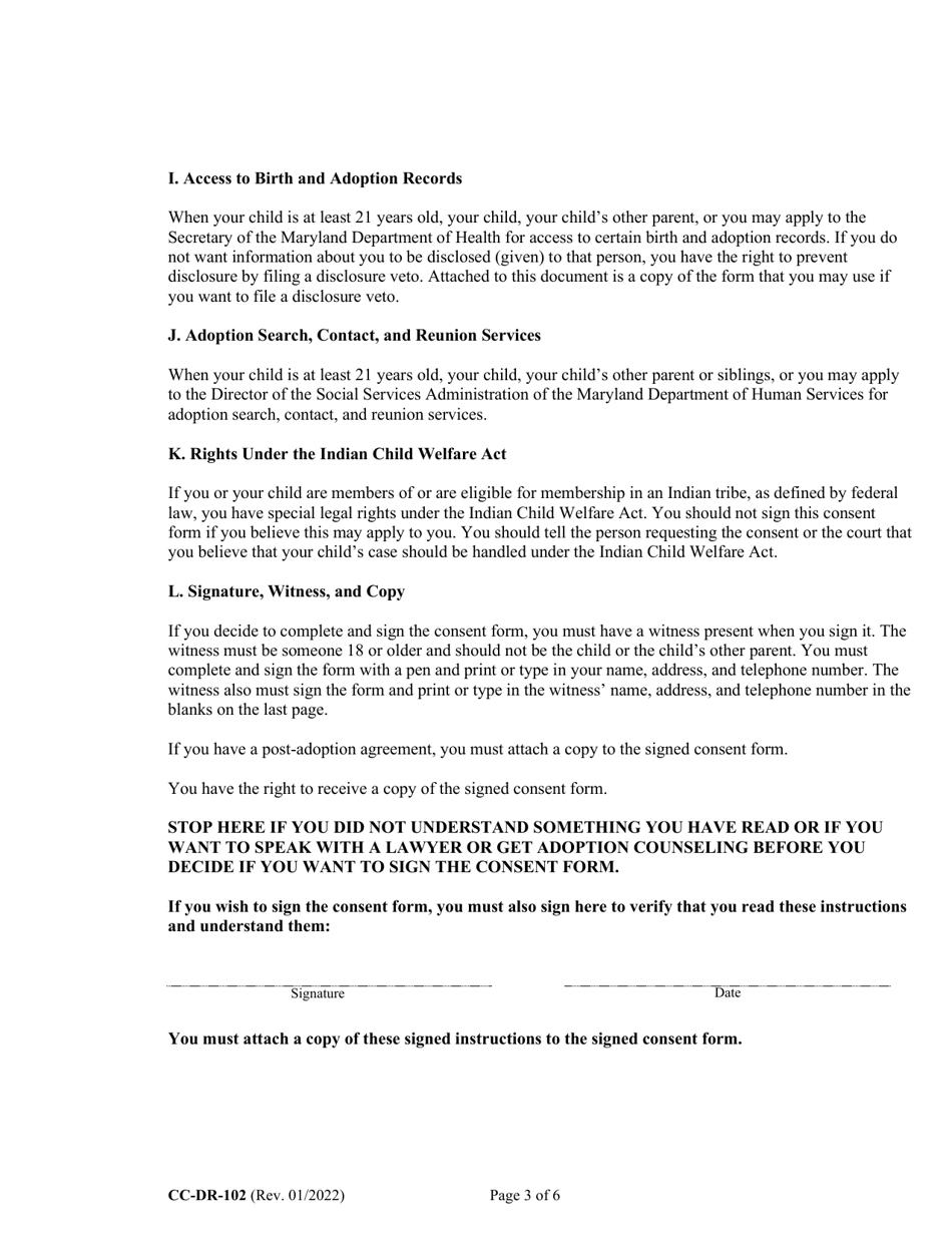 Form CC-DR-102 (9-102.4) Consent of Parent to an Independent Adoption Without Termination of Parental Rights - Maryland, Page 3