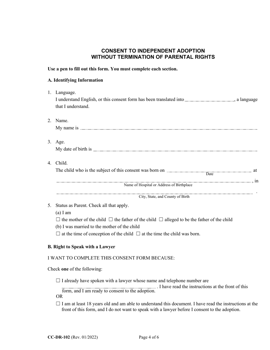 Form CC-DR-102 (9-102.4) Consent of Parent to an Independent Adoption Without Termination of Parental Rights - Maryland, Page 4