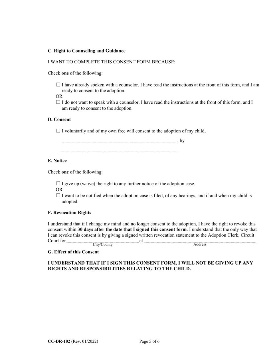 Form CC-DR-102 (9-102.4) Consent of Parent to an Independent Adoption Without Termination of Parental Rights - Maryland, Page 5