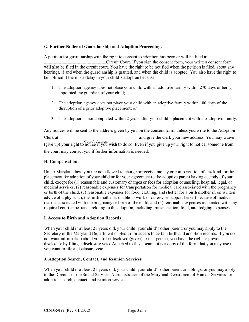 Form CC-DR-099 Consent of Parent to a Private Agency Guardianship - Maryland, Page 3