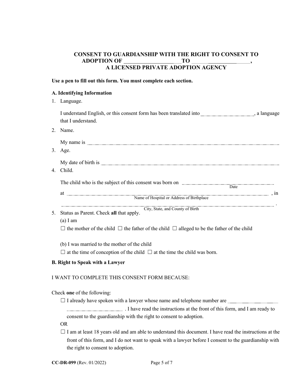 Form CC-DR-099 Consent of Parent to a Private Agency Guardianship - Maryland, Page 5