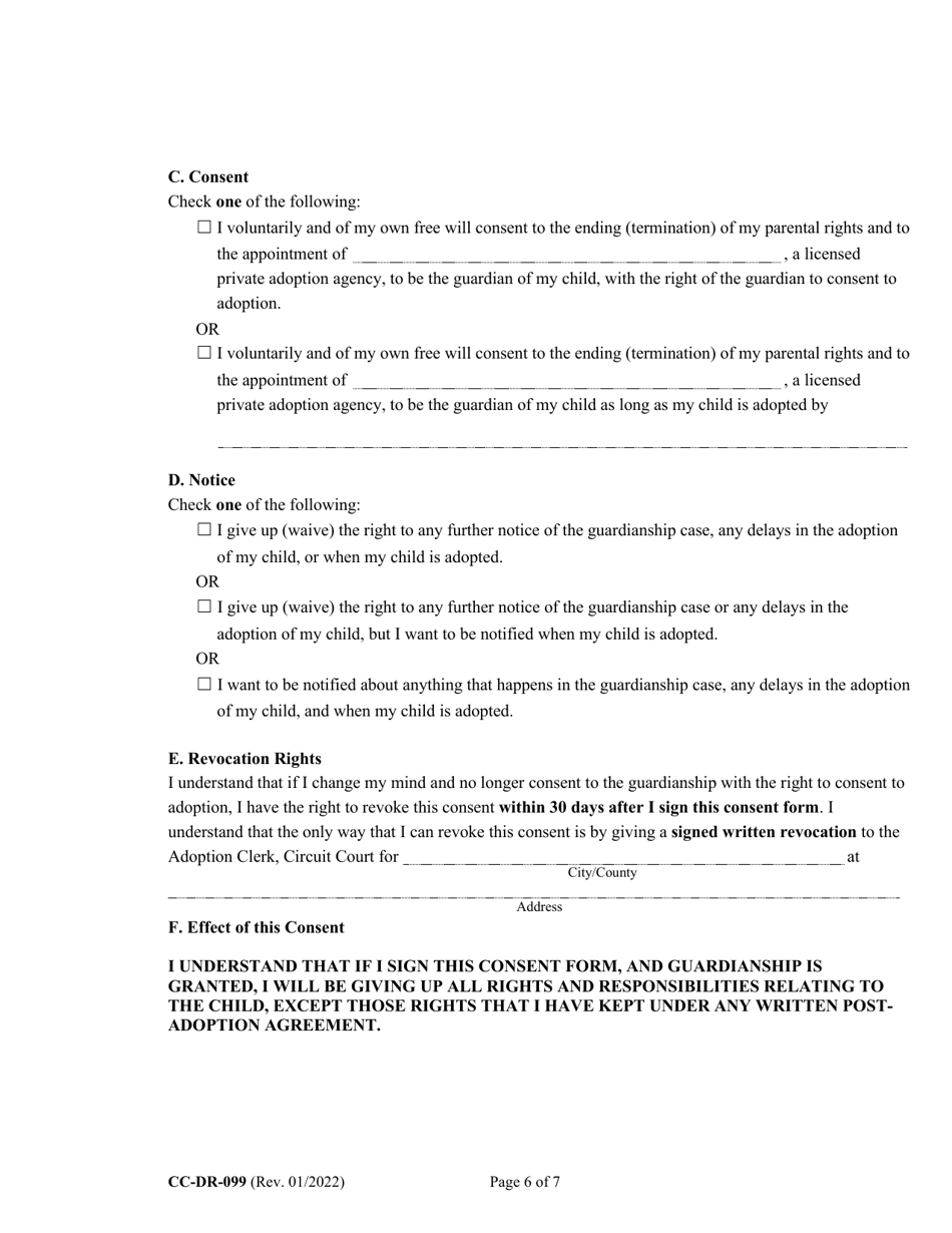 Form CC-DR-099 Consent of Parent to a Private Agency Guardianship - Maryland, Page 6