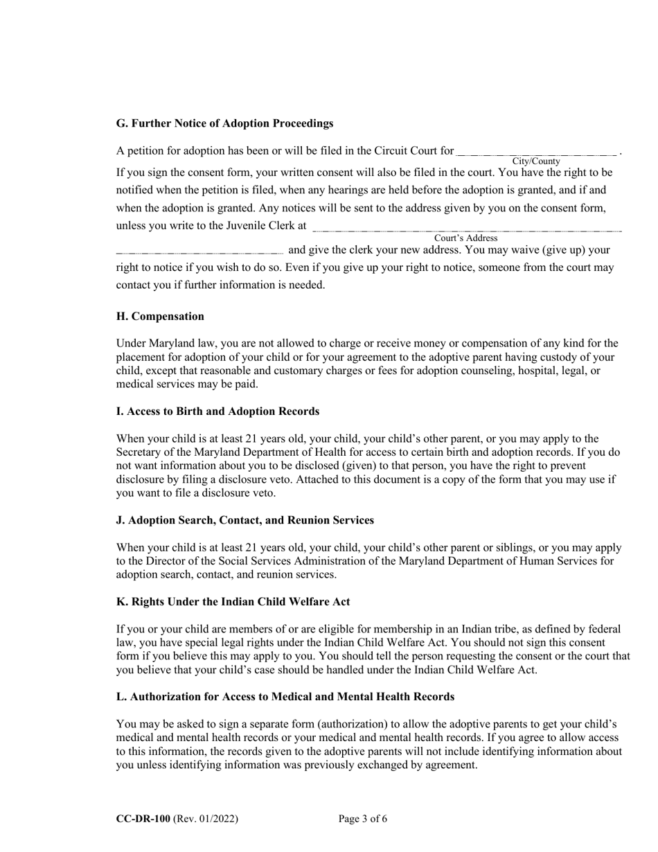 Form CC-DR-100 Consent of Parent to a Public Agency Adoption Without Prior Termination of Parental Rights - Maryland, Page 3