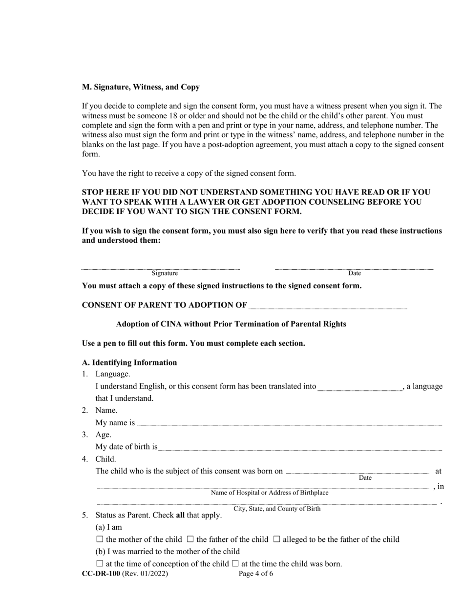 Form CC-DR-100 Consent of Parent to a Public Agency Adoption Without Prior Termination of Parental Rights - Maryland, Page 4
