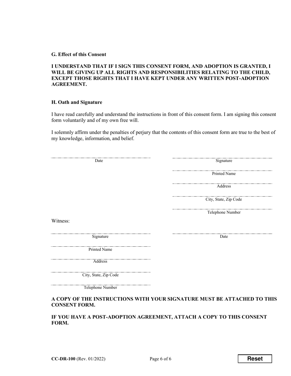 Form CC-DR-100 Consent of Parent to a Public Agency Adoption Without Prior Termination of Parental Rights - Maryland, Page 6