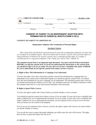 Form CC-DR-101 (9-102.3) Consent of Parent to an Independent Adoption With Termination of Parental Rights - Maryland