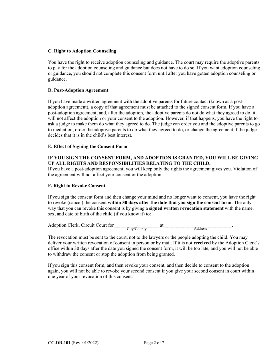 Form CC-DR-101 (9-102.3) Consent of Parent to an Independent Adoption With Termination of Parental Rights - Maryland, Page 2