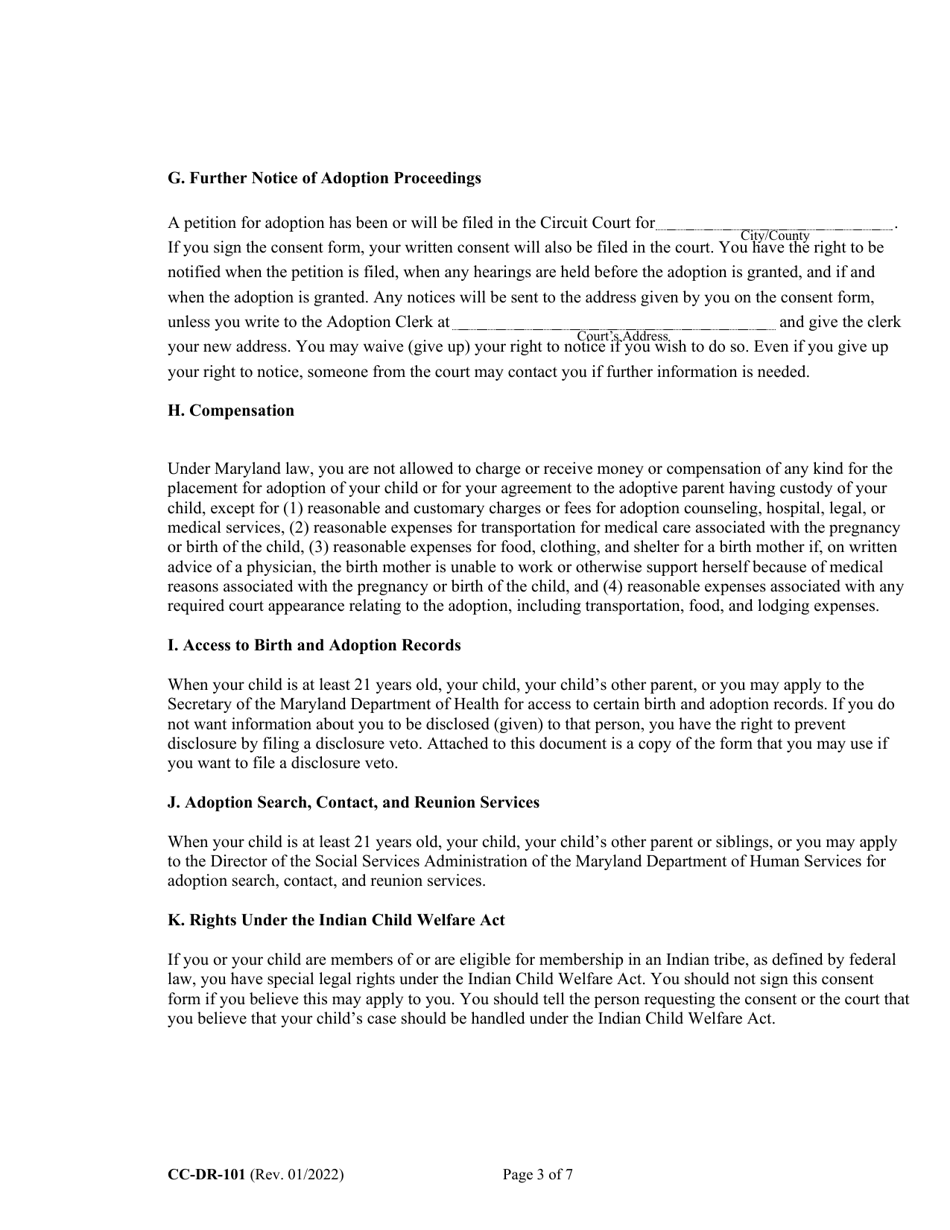 Form CC-DR-101 (9-102.3) Consent of Parent to an Independent Adoption With Termination of Parental Rights - Maryland, Page 3