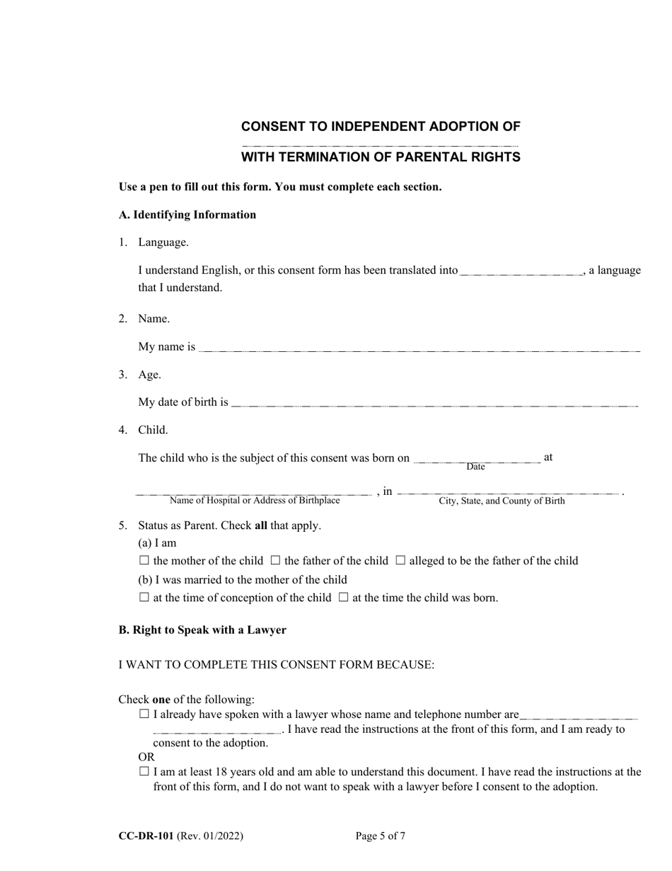 Form CC-DR-101 (9-102.3) Consent of Parent to an Independent Adoption With Termination of Parental Rights - Maryland, Page 5