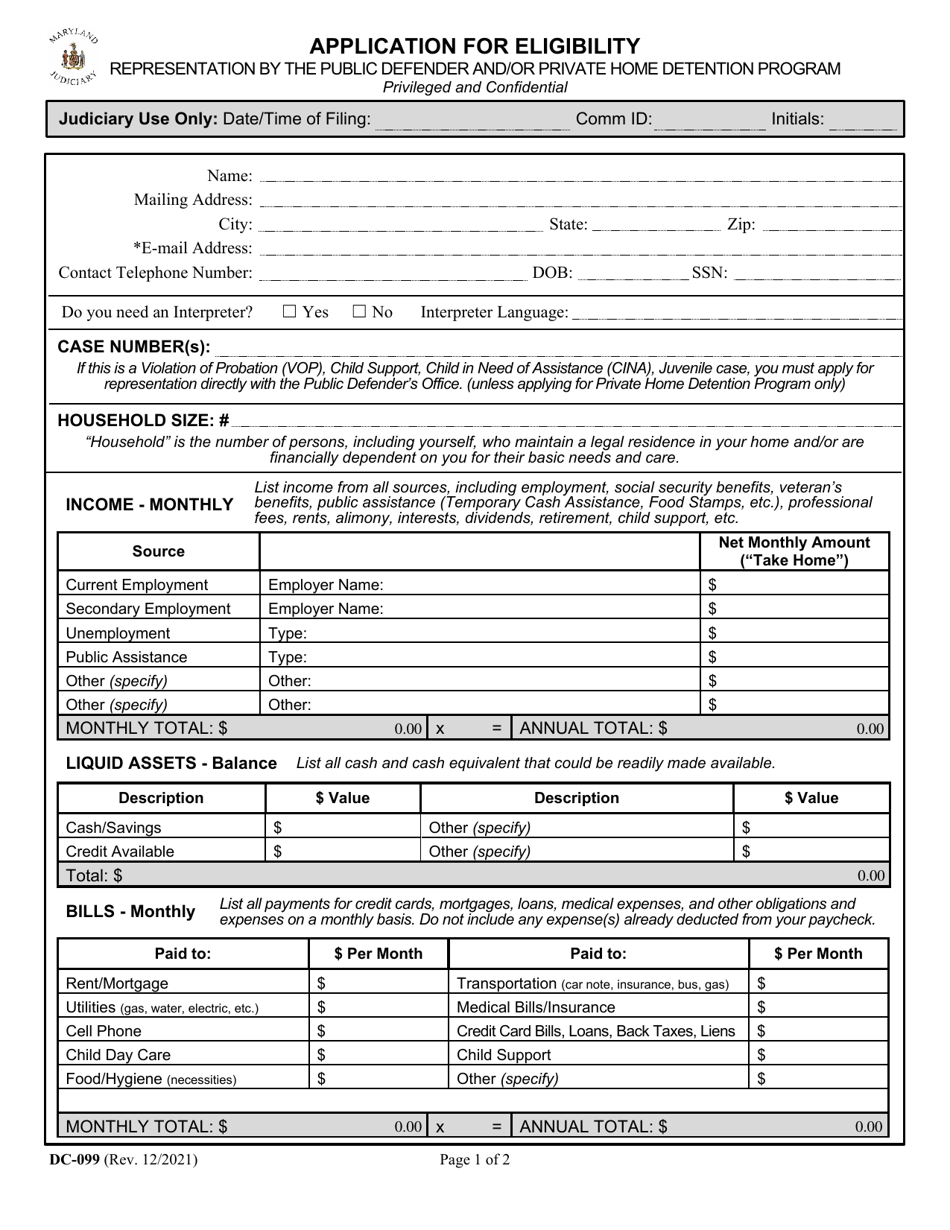 Form DC-099 Application for Eligibility - Representation by the Public Defender and / or Private Home Detention Program - Maryland, Page 1