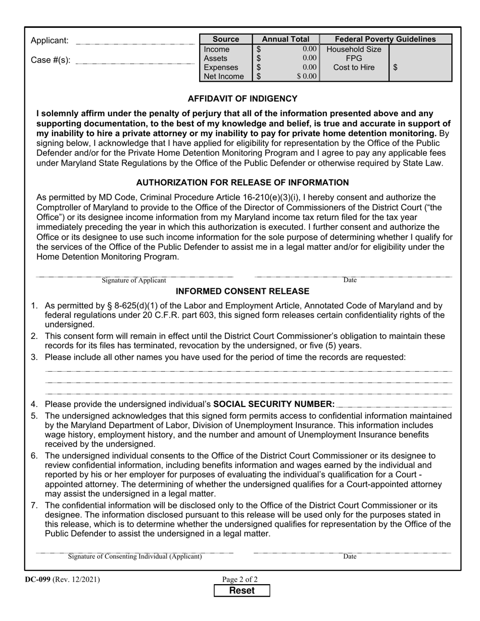 Form DC-099 Application for Eligibility - Representation by the Public Defender and / or Private Home Detention Program - Maryland, Page 2