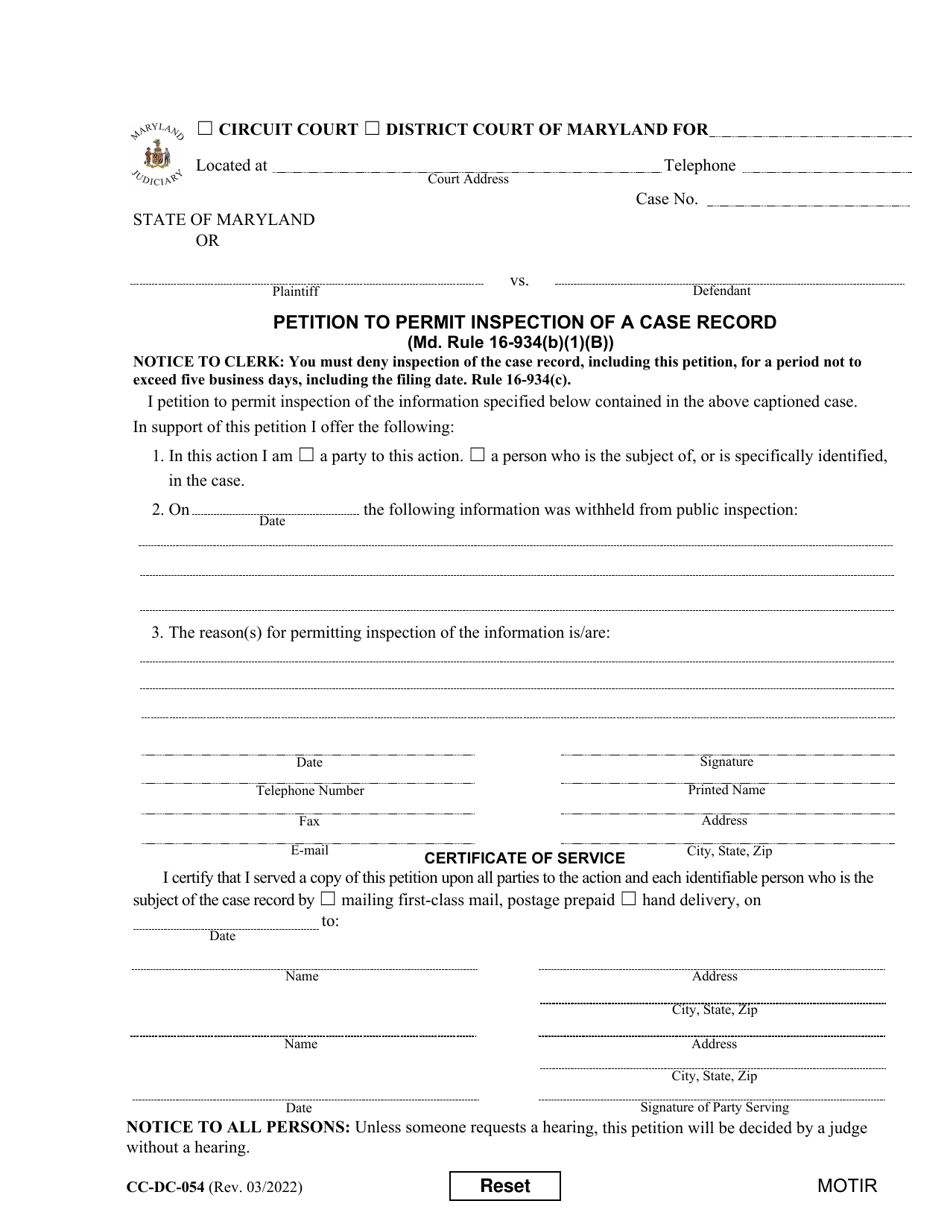 Form CC-DC-054 Petition to Permit Inspection of a Case Record - Maryland, Page 1