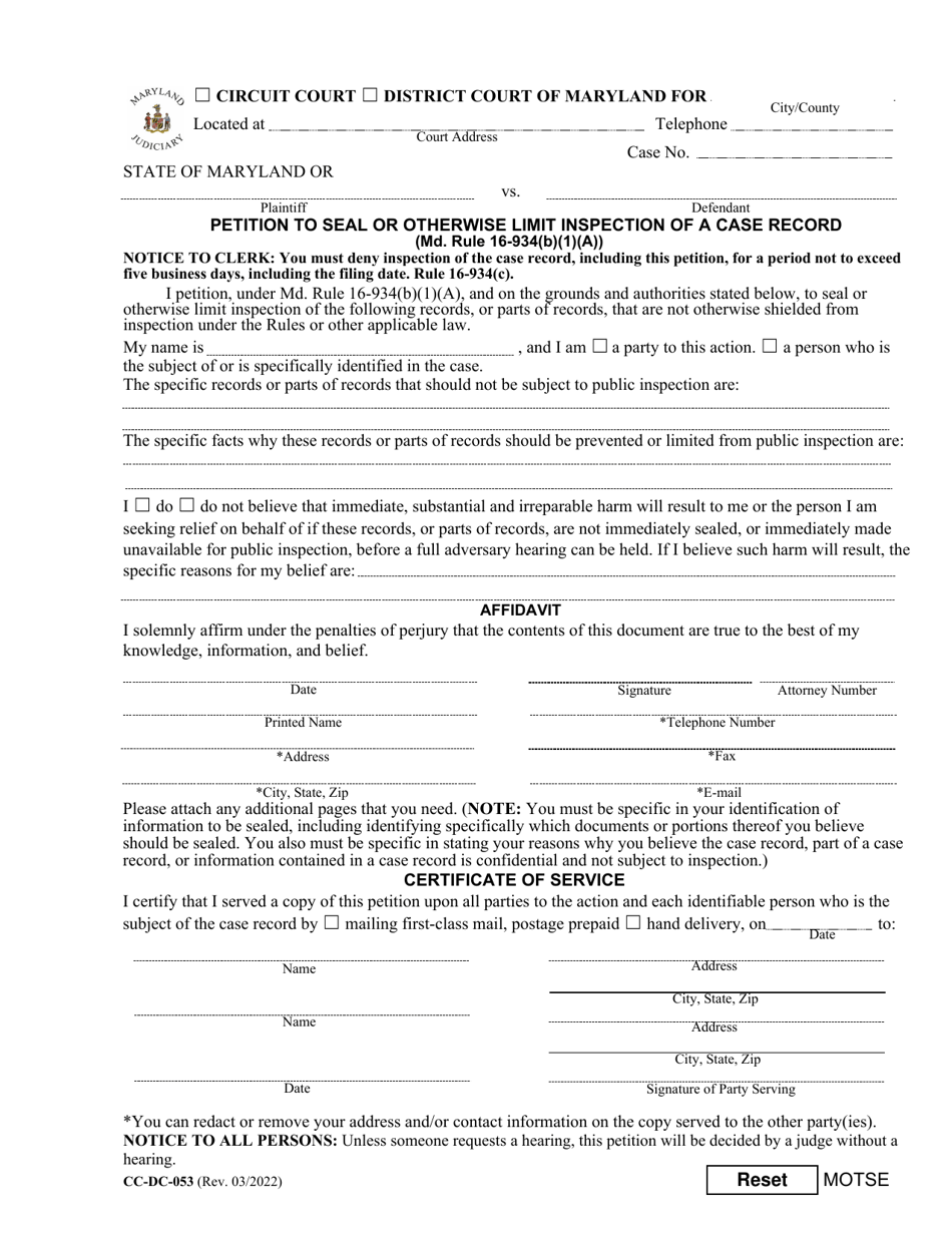Form CC-DC-053 Petition to Seal or Otherwise Limit Inspection of a Case Record - Maryland, Page 1