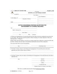 Form CC-JRE-004 &quot;Notice Concerning Position on Petition for Expungement of Juvenile Records&quot; - Maryland