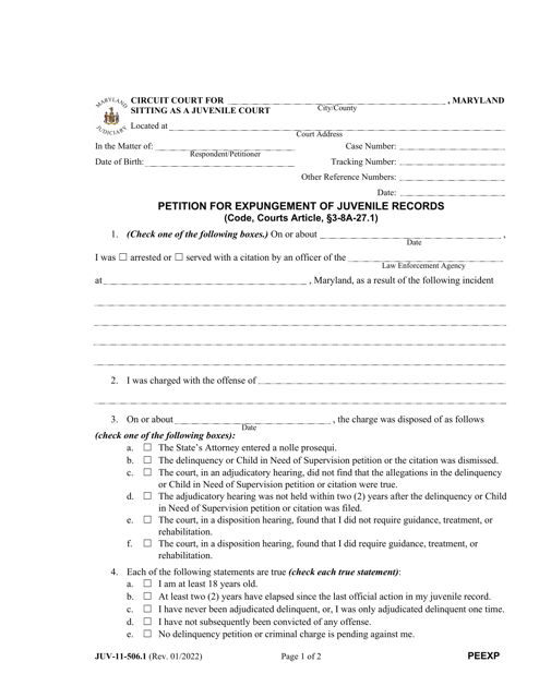 Form JUV-11-506.1 Petition for Expungement of Juvenile Records - Maryland