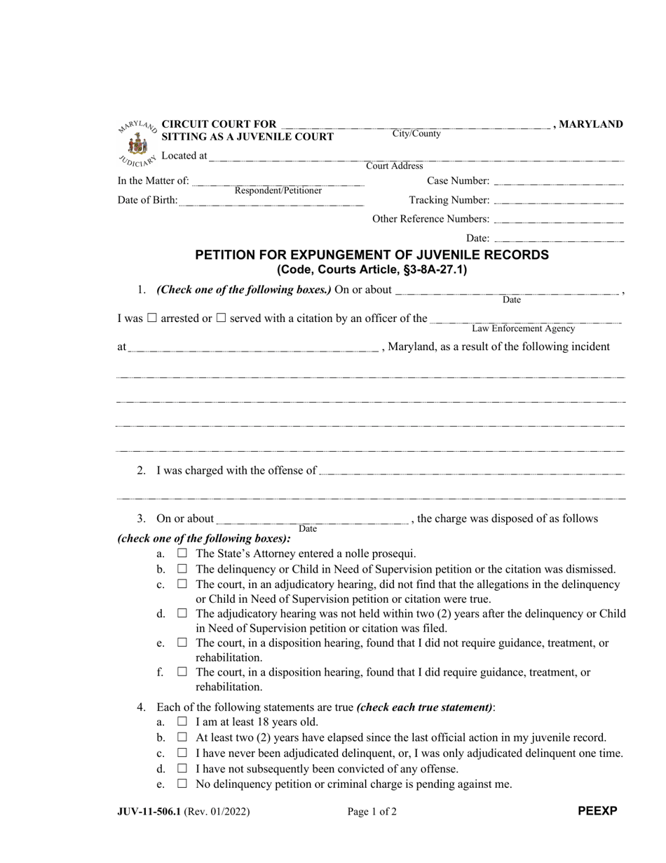 Form JUV-11-506.1 Petition for Expungement of Juvenile Records - Maryland, Page 1
