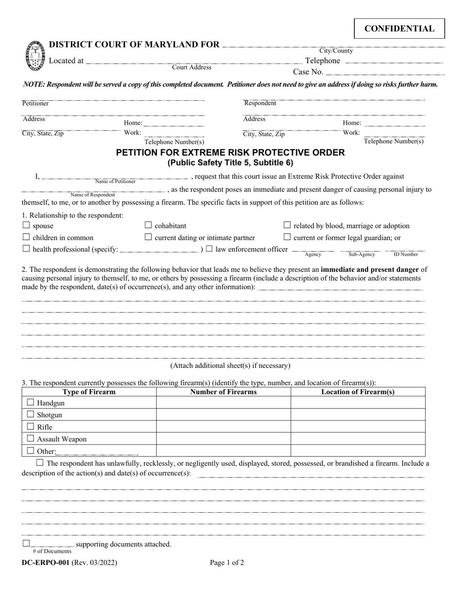 Form DC-ERPO-001 Petition for Extreme Risk Protective Order - Maryland, Page 1