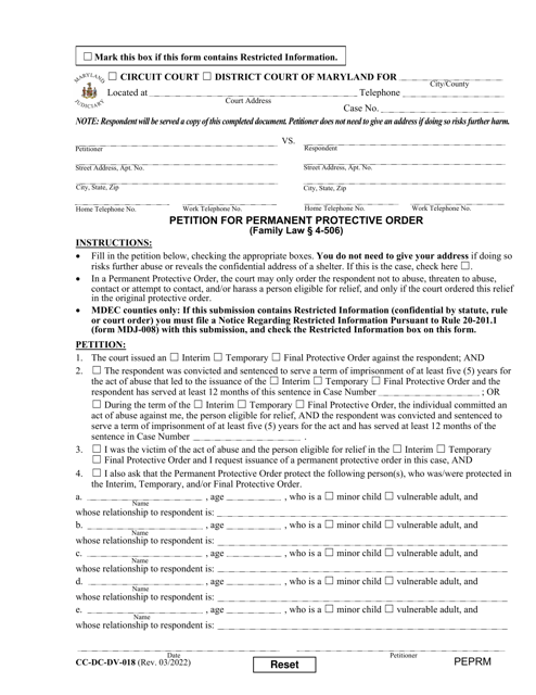 Form CC-DC-DV-018  Printable Pdf