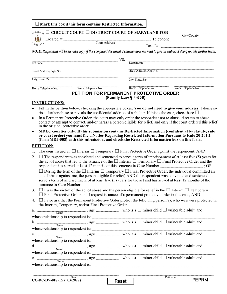 Form CC-DC-DV-018 Petition for Permanent Protective Order - Maryland, Page 1