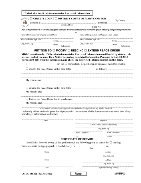 Form CC-DC-PO-006 Petition to Modify/Rescind/Extend Peace Order - Maryland
