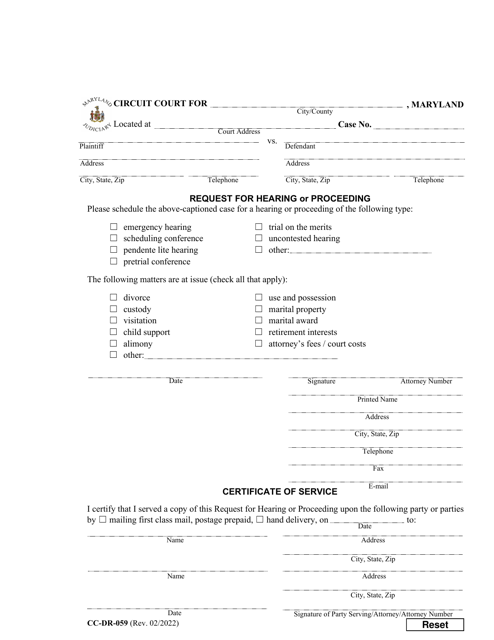 Form CC-DR-059 Request for Hearing or Proceeding - Maryland