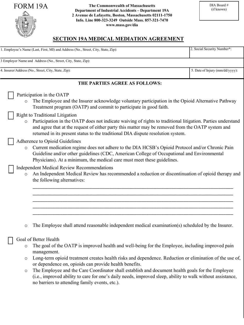 Form 19A Section 19a Medical Mediation Agreement - Massachusetts, Page 1
