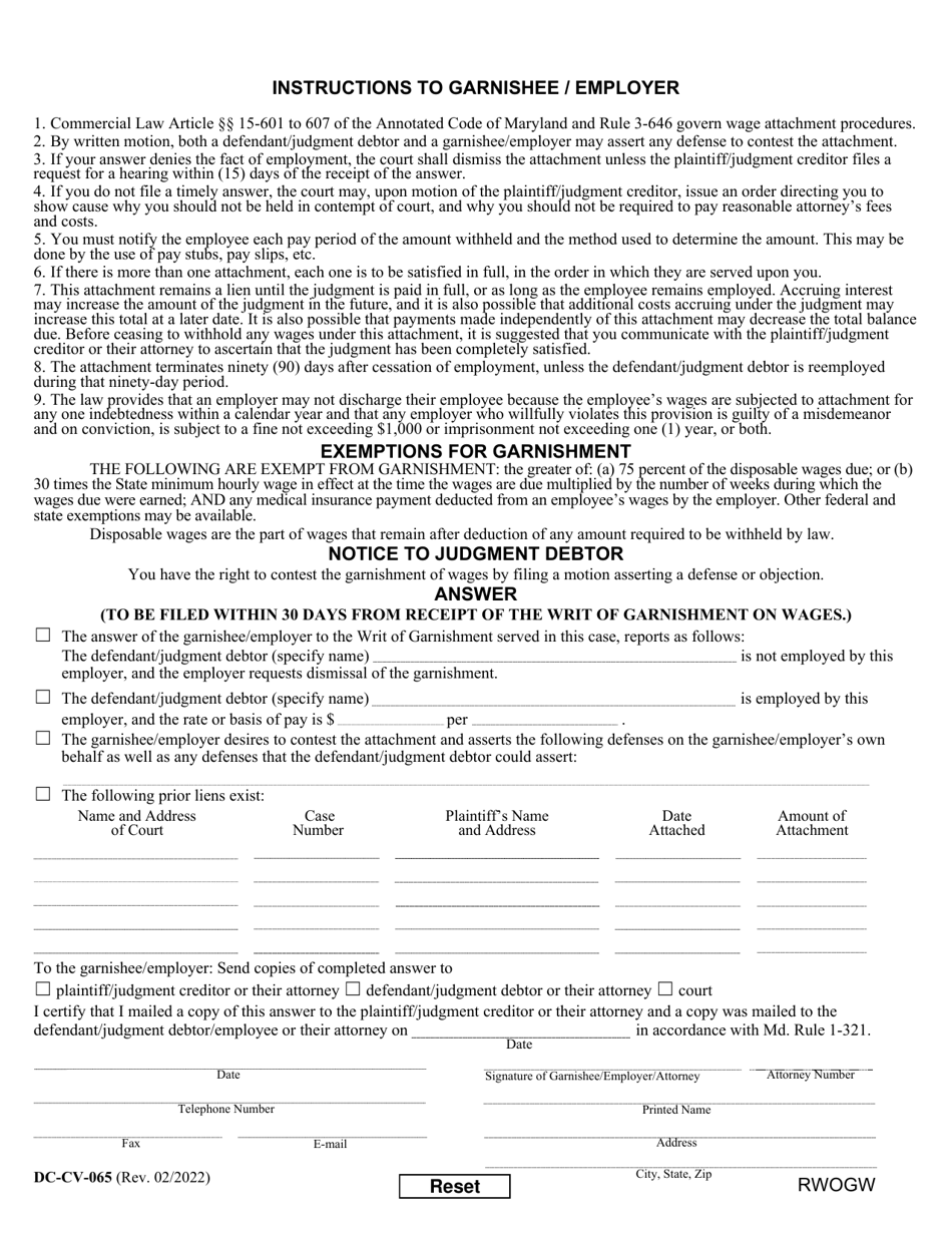 Form DC-CV-065 Request for Writ of Garnishment of Wages - Maryland, Page 2