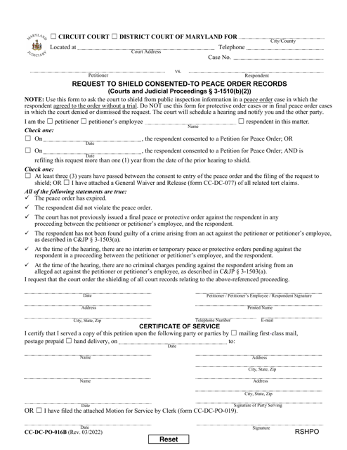 Form CC-DC-PO-016B Request to Shield Consented to Peace Order Records - Maryland