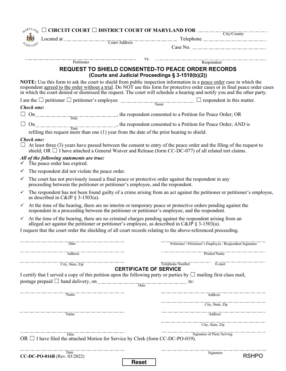 Form CC-DC-PO-016B Request to Shield Consented to Peace Order Records - Maryland, Page 1