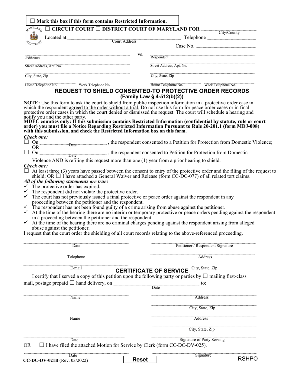 Form CC-DC-DV-021B Request to Shield Consented to Protective Order Records - Maryland, Page 1