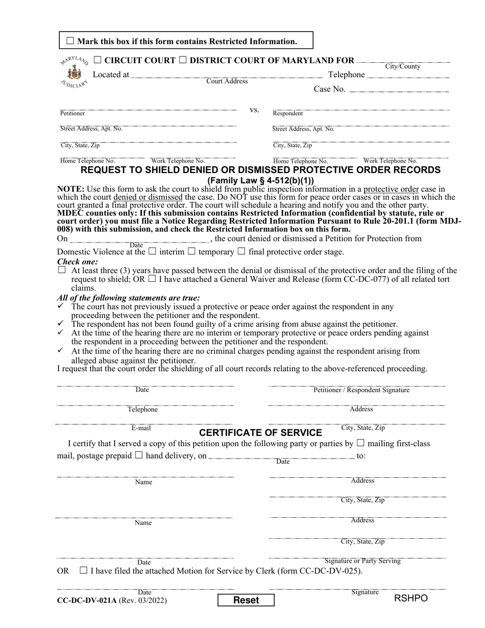 Form CC-DC-DV-021A Request to Shield Denied or Dismissed Protective Order Records - Maryland, Page 1